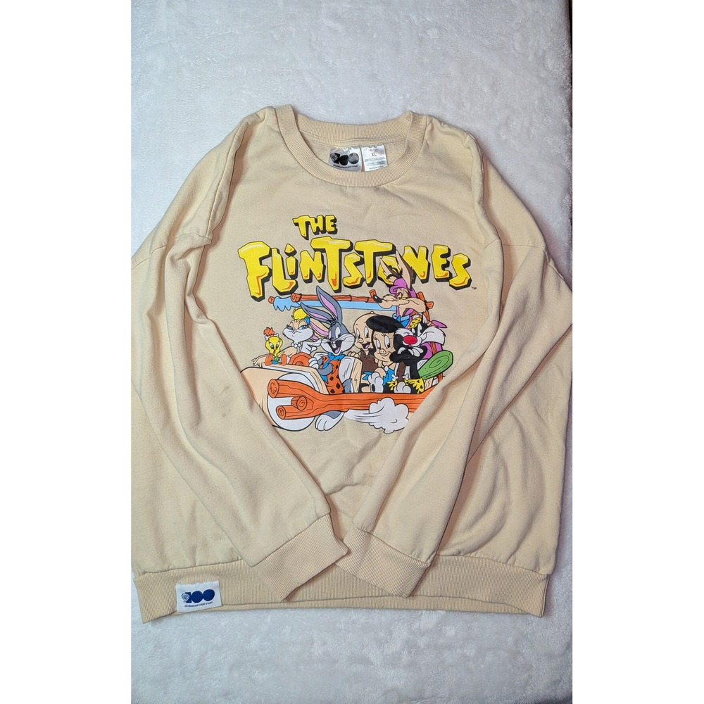 Warner Bros 100 Looney Tunes Flintstones Mashup Sweatshirt XL Cream Graphic Crew